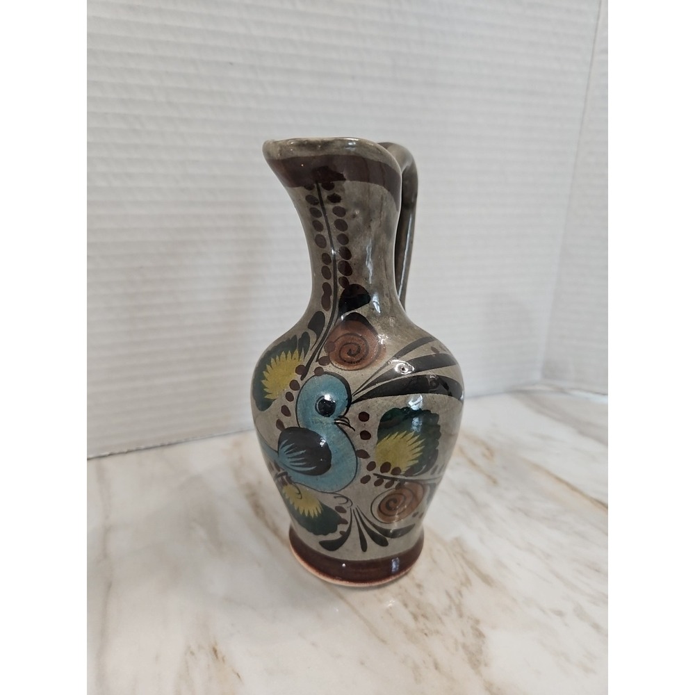 Vintage Tonala Pitcher Mexico Pottery Jug Vase Ewer Brown Green Bird Folk Art